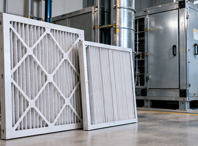 Pleated panel filters beside a commercial air handling unit